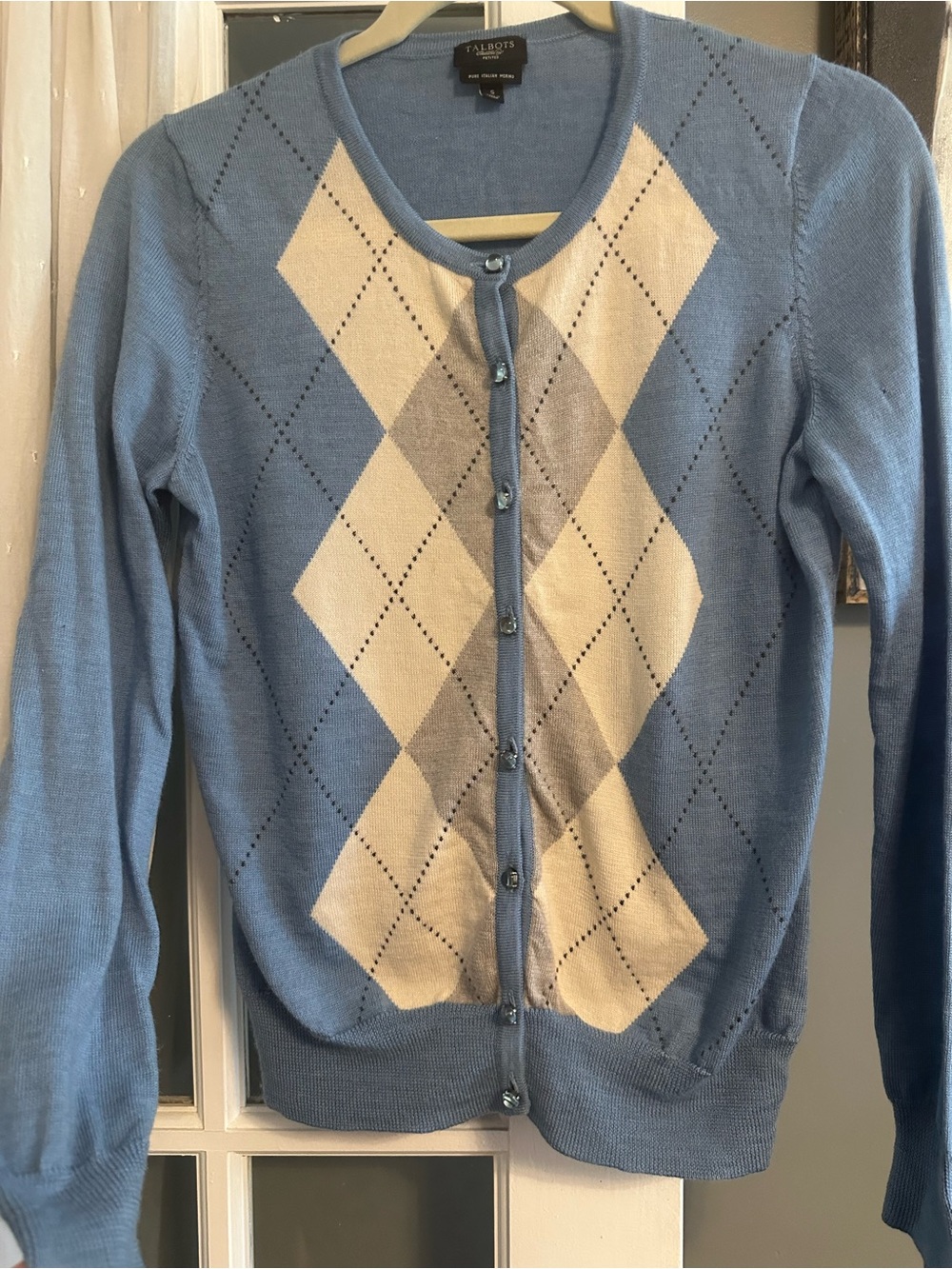 Talbots Light Blue Argyle Button-Front Cardigan 100% Merino Wool